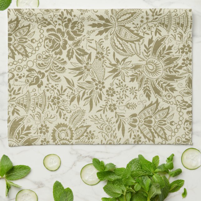Linge De Cuisine Motif Floral Vert Sage Antique Damas (Plié)