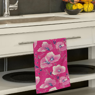 Linge De Cuisine Motif floral vibrant en rose, blanc et bleu royal