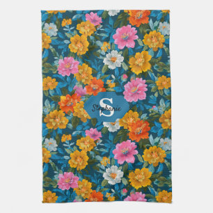 Linge De Cuisine Motif floral Vintage rustique coloré en bleu (2)