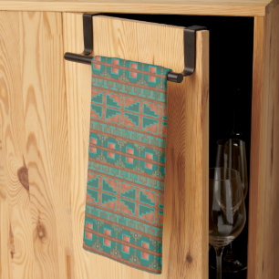 Linge De Cuisine Motif géométrique Turquoise en cuivre du sud-ouest