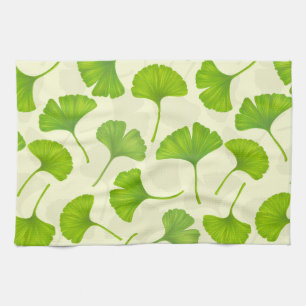 Linge De Cuisine Motif Ginkgo sur blanc