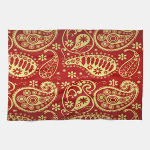 Linge De Cuisine Motif Gold Et Red Paisley