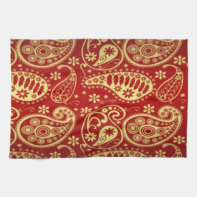 Linge De Cuisine Motif Gold Et Red Paisley (Horizontal)