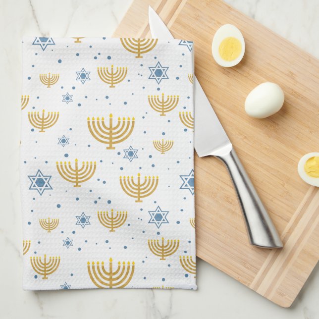 Linge De Cuisine Motif Gold & Navy Blue Hanoukka Menorah (Quart Plié)