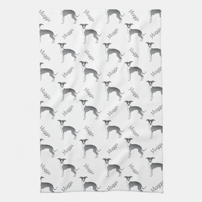 Linge De Cuisine Motif Greyhound Italien Bleu Et Blanc (Vertical)