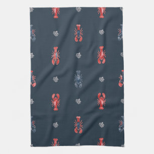 Linge De Cuisine Motif homard et corail de mer sur fond bleu marine