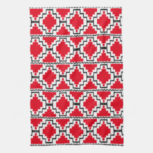 Linge De Cuisine Motif Ikat Aztec - Rouge, Noir et Blanc