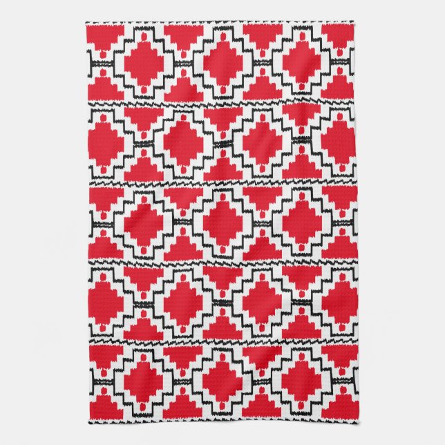Linge De Cuisine Motif Ikat Aztec - Rouge, Noir et Blanc (Vertical)