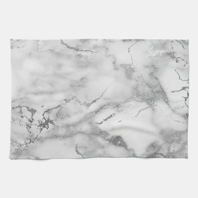 Linge De Cuisine Motif Marbre Blanc et Argent Moderne (Horizontal)