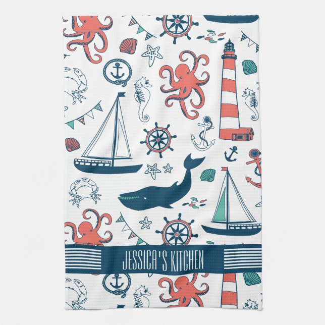 Linge De Cuisine Motif marin mignon Arrière - plan blanc (Vertical)