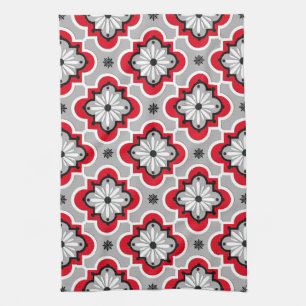 Linge De Cuisine Motif marocain de tuile - gris et rouge