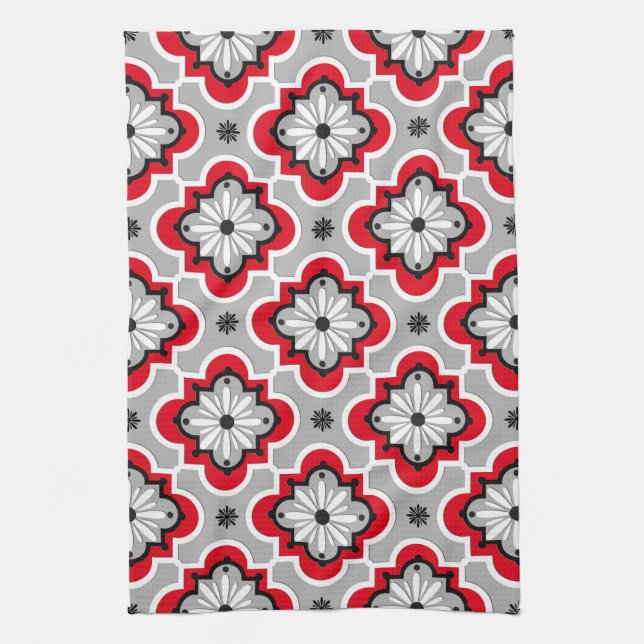 Linge De Cuisine Motif marocain de tuile - gris et rouge (Vertical)