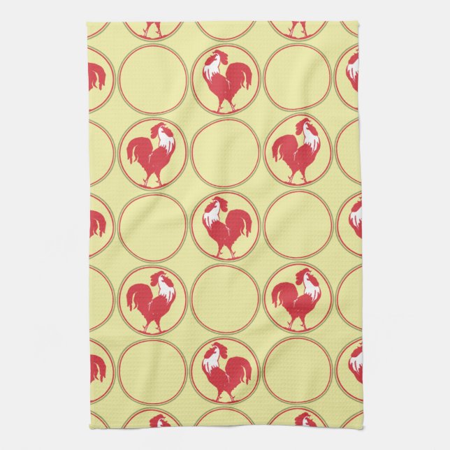Linge De Cuisine Motif Médaillon Coq Rouge sur Fond Jaune (Vertical)