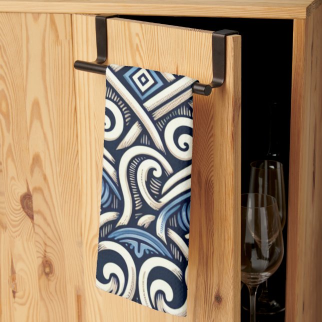 Linge De Cuisine Motif moderne grec bleu et blanc (Pliage en tiers)