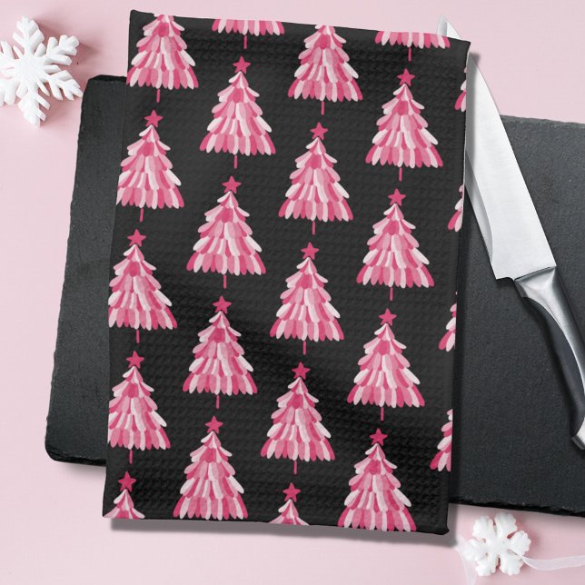 Linge De Cuisine Motif moderne Pink Black Christmas Tree (Black and pink christmas tree woodland Christmas kitchen tea towel.)