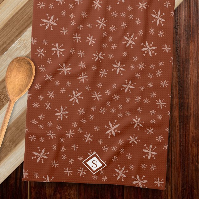 Linge De Cuisine Motif moderne Snowflake sur Red Monogramme (Créateur téléchargé)