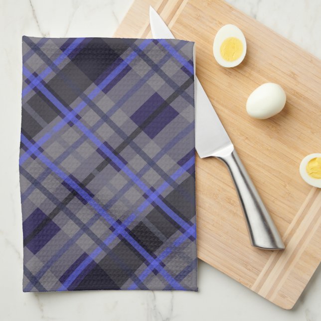 Linge De Cuisine Motif moderne Tartan bleu gris noir (Quart Plié)