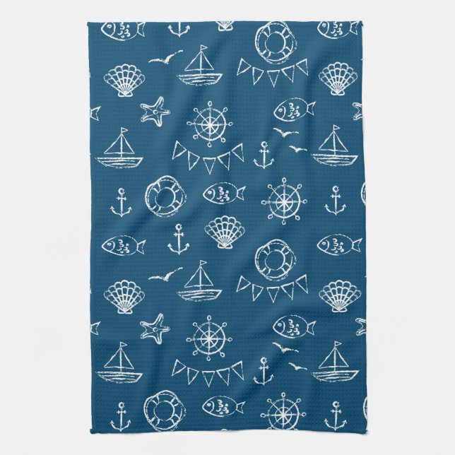 Linge De Cuisine Motif nautique 2 de dessin de craie (Vertical)