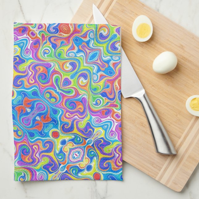 Linge De Cuisine Motif Neon Blue, Lime, Purple & Orange Swirl (Quart Plié)