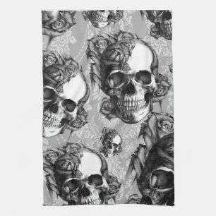 Linge De Cuisine Motif noir et blanc de crâne de rose, tiré par la