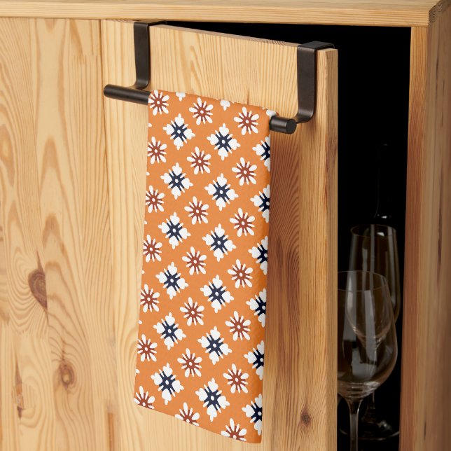 Linge De Cuisine Motif Oriental Orange Blanc Rouge Katazome Fleurs (Pliage en tiers)