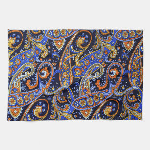 Linge De Cuisine Motif Paisley Bohème Navy et Orange Vibrant