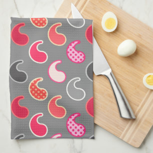 Linge De Cuisine Motif Paisley moderne, corail, rose sur gris