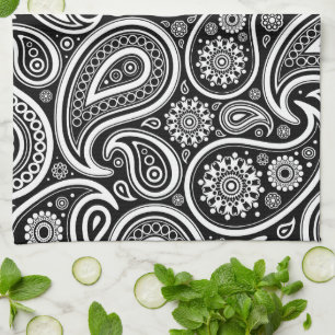 Linge De Cuisine Motif Paisley, Persian Paisley, noir et blanc