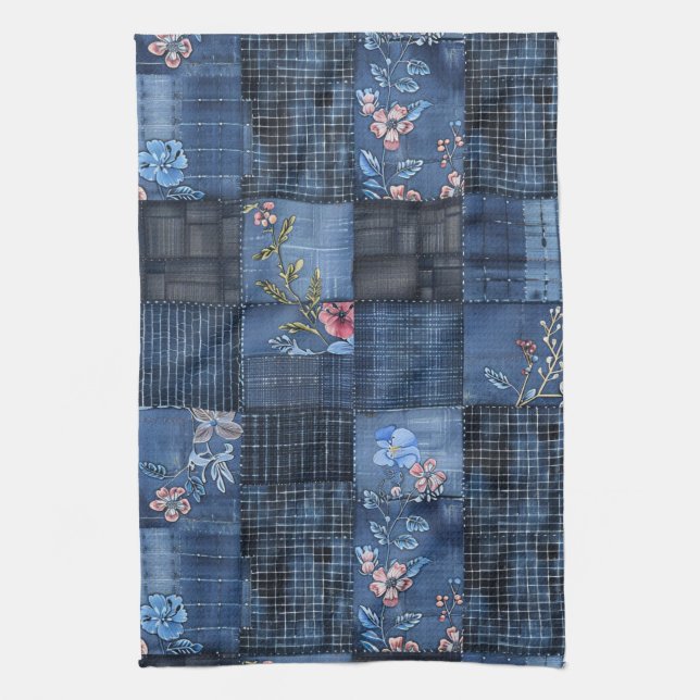 Linge De Cuisine Motif Patchwork Floral Indigo | Denim Bohème (Vertical)