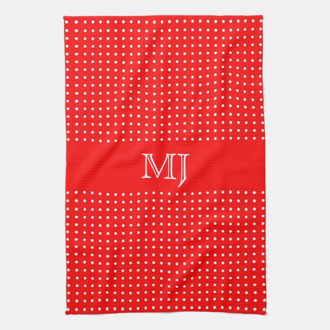 Linge De Cuisine Motif Polkadot rouge-Monogramme (Vertical)