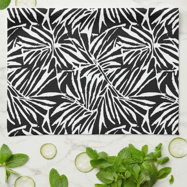 Linge De Cuisine Motif Répétant à feuilles tropicales noires et bla (Plié)