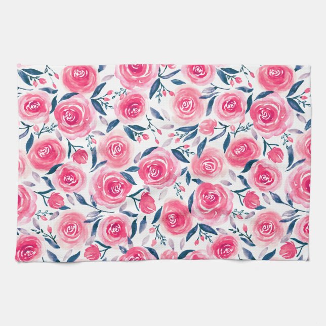 Linge De Cuisine Motif Rose d'aquarelle rose (Horizontal)