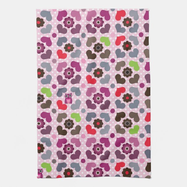 Linge De Cuisine motif rose de fleurs et de hiboux (Vertical)