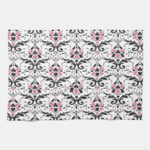 Linge De Cuisine Motif rose et noir de damassé
