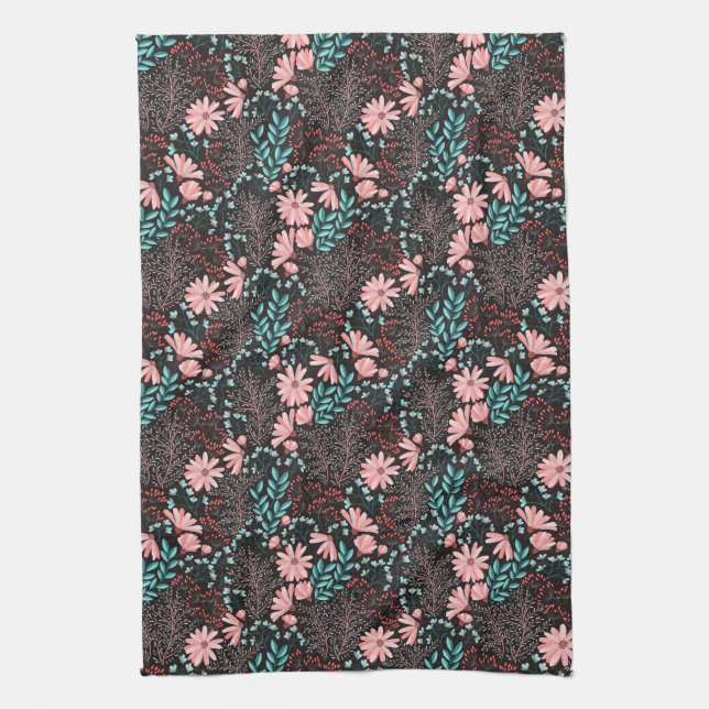 Linge De Cuisine Motif rose et Turquoise floral foncé (Vertical)