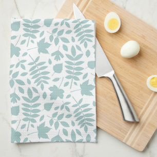 Linge De Cuisine Motif Rpt Feuille tombé Turquoise en blanc