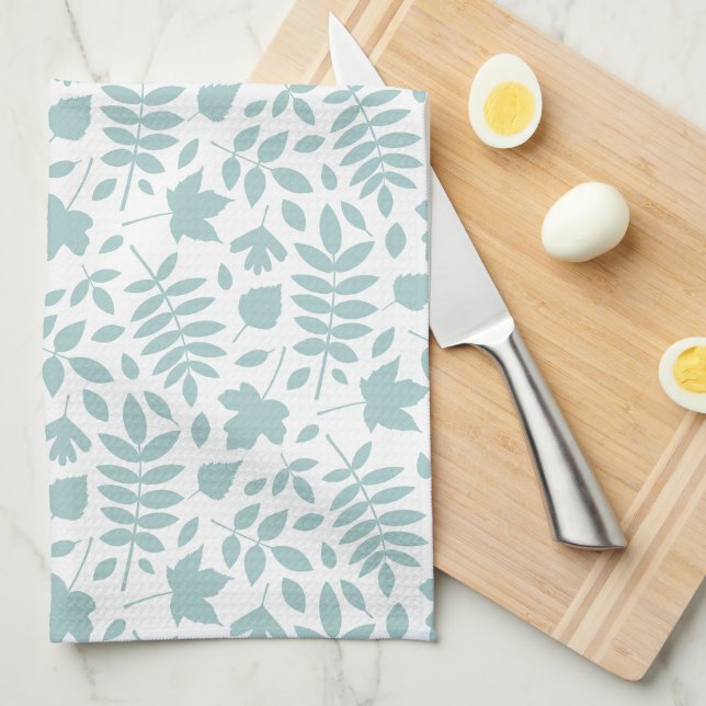 Linge De Cuisine Motif Rpt Feuille tombé Turquoise en blanc (Quart Plié)