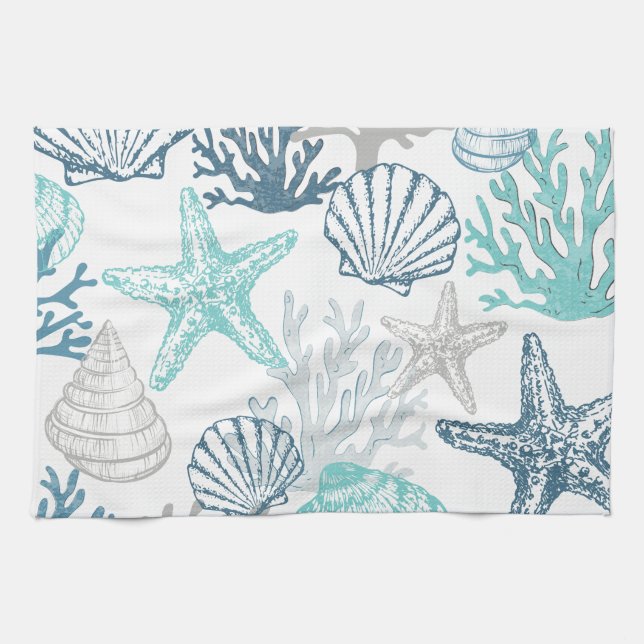 Linge De Cuisine Motif Seashell Starfish Bleu Et Turquoise (Horizontal)