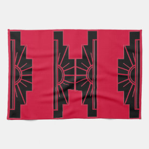 Linge De Cuisine Motif Sunburst Art Déco en rouge et noir