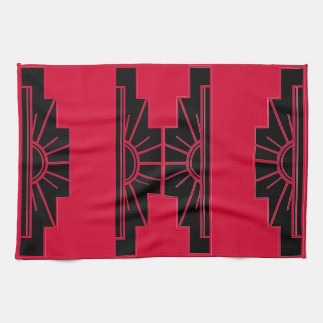 Linge De Cuisine Motif Sunburst Art Déco en rouge et noir (Horizontal)