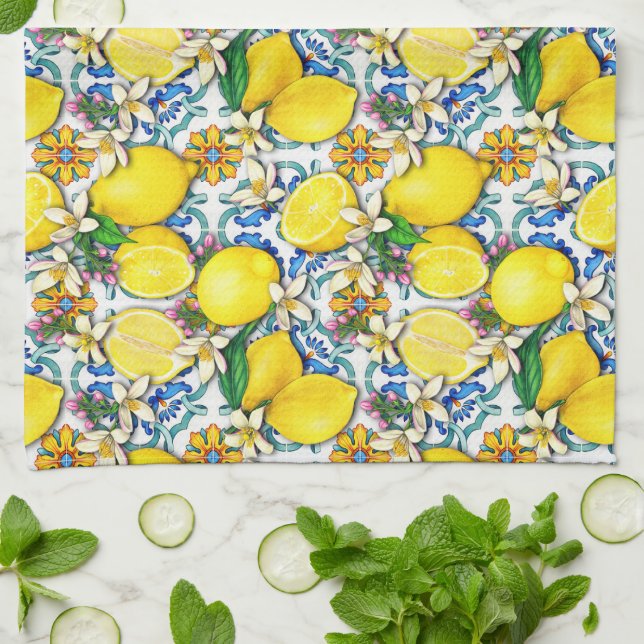 Linge De Cuisine Motif traditionnel méditerranéen aux citrons (Plié)