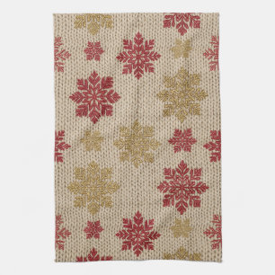Linge De Cuisine Motif tricoté flocon de neige or et rouge sur crèm