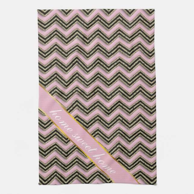 Linge De Cuisine Motif Zigzag noir et rose (Vertical)