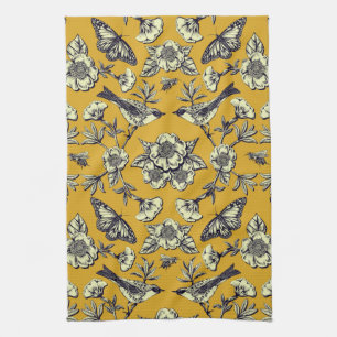 Linge De Cuisine Moutarde Jaune et Oiseaux de la Marine, Papillons 