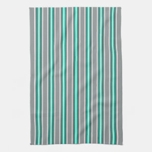 Linge De Cuisine Moyenne du siècle moderne rayures, gris et turquoi