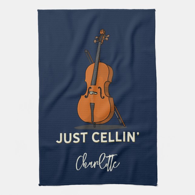 Linge De Cuisine Musicien Personnalisé Cello Script Monogram (Vertical)