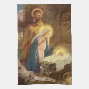 Linge De Cuisine Nativité de Noël Vintage, Marie Joseph Bébé Jésus