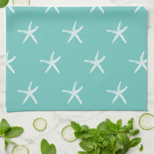 Linge De Cuisine Naute blanche Motif Turquoise bleu mou