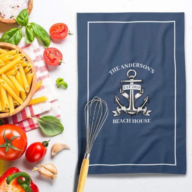 Linge De Cuisine Nautical Beach House Nom de famille Est Ship Ancre (Nautical Beach House Family Name Est Ship Anchor Kitchen Towel)