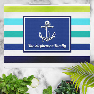 Linge De Cuisine Nautical Beach Stripes Nom de famille Personnalisé